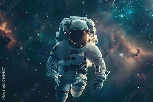 An astronaut in a spacesuit floating weightlessly in space against a backdrop of stars, An astronaut floating in space with the reflection of distant galaxies on his spacesuit, AI Generated