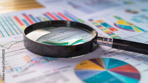 magnifying glass over various types of colorful business charts and graphs on paper, suggesting data analysis or financial examination.