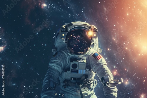 Astronaut Floating in Outer Space With Stars in Background, An astronaut floating in space with the reflection of distant galaxies on his spacesuit, AI Generated