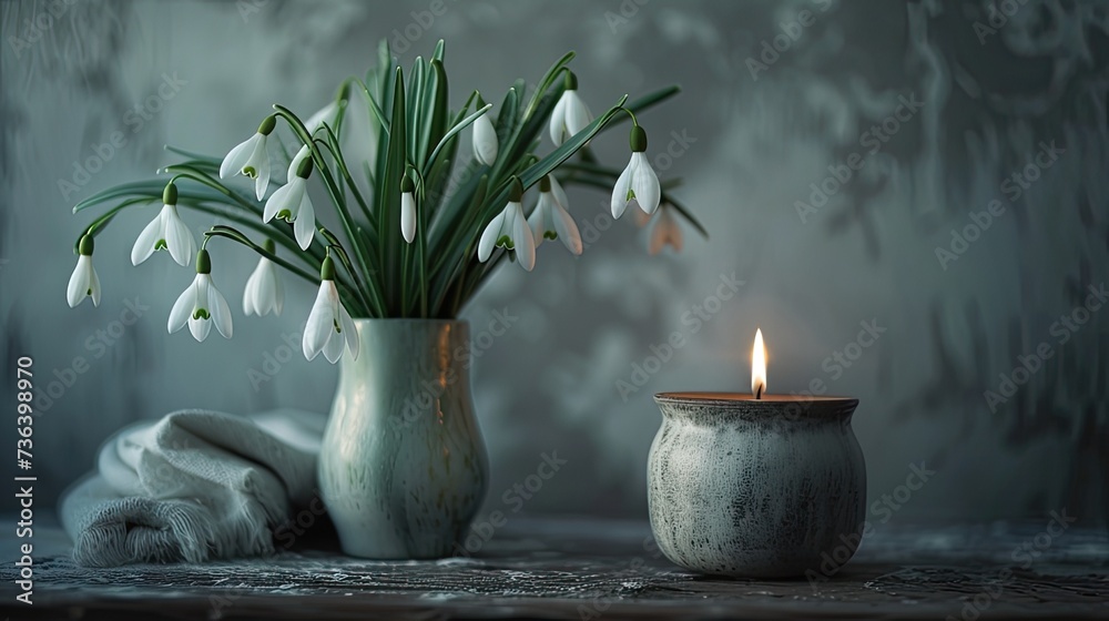 snowdrops, flowers and candles on the table in a natural and balanced ...