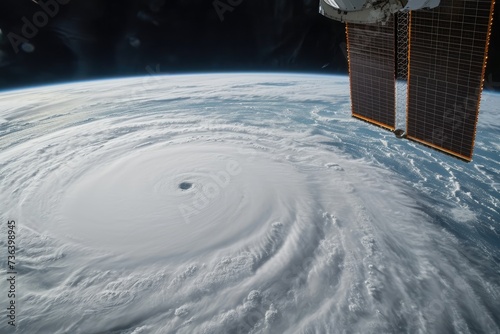 A satellite satellite photographs a hurricane as it swirls through the atmosphere from its vantage point in outer space, An astronaut's perspective of a massive typhoon on Earth, AI Generated
