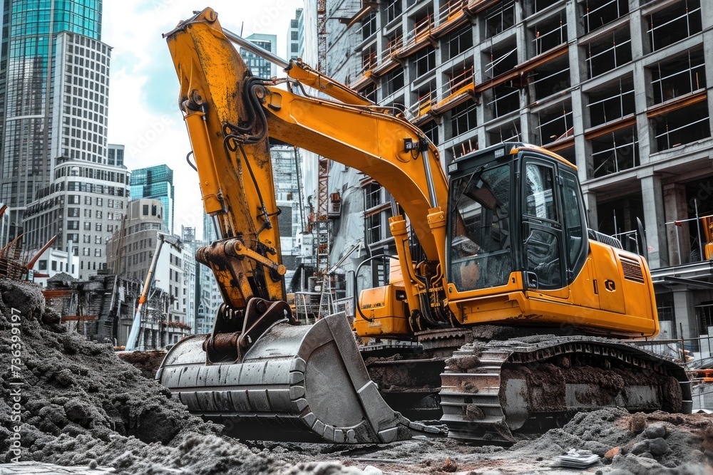 A powerful yellow bulldozer digs through the earth at a bustling construction site, An autonomous bulldozer excavating a construction site, AI Generated A powerful yellow bulldozer digs through the earth at a bustling construction site, An autonomous bulldozer excavating a construction site, AI Generated