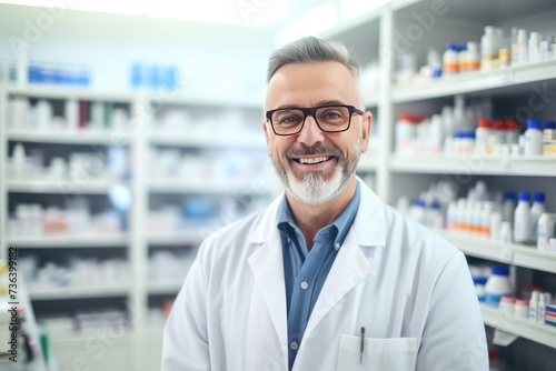 male Caucasian pharmacist stands in medical robe smiling  Portrait of smiling mature male pharmacist standing in pharmacy drugstore AI generated