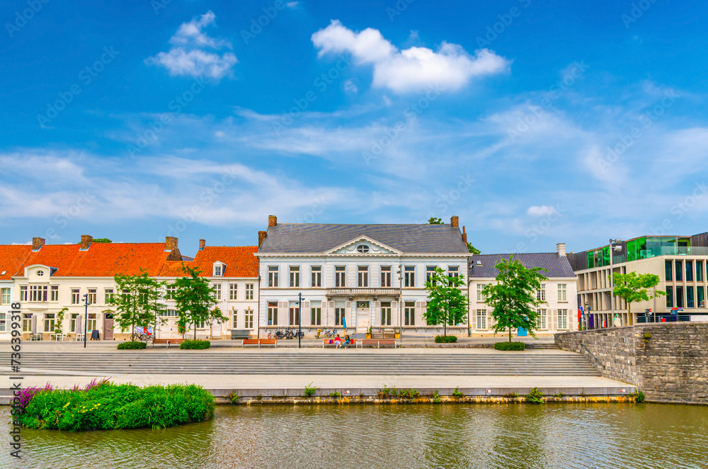 Arts centre BUDA on Buda Island and embankment promenade of Lys river in Kortrijk city historical centre, belgium landmark, Flemish Beguinages, West Flanders province, Flemish Region, Belgium