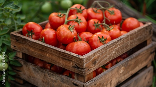 red tomatoes in a wooden box in the garden
