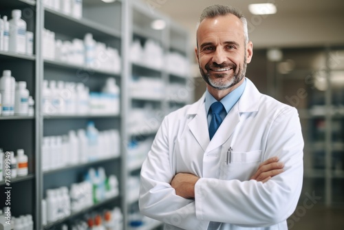 male Caucasian pharmacist stands in medical robe smiling, Portrait of smiling mature male pharmacist standing in pharmacy drugstore,AI generated