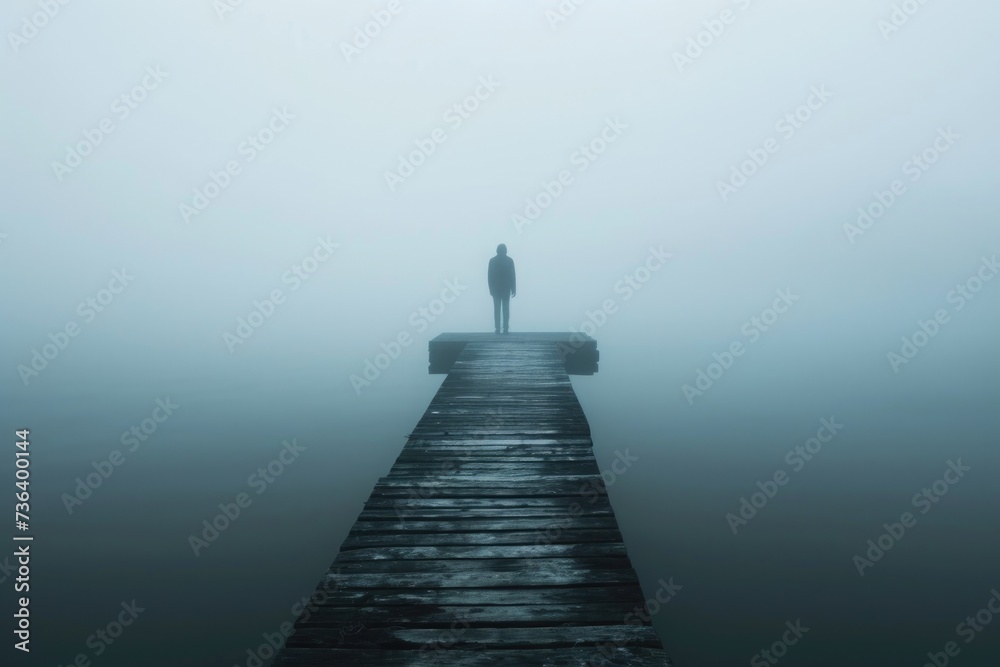 Fototapeta premium A person stands alone on a pier surrounded by thick fog during the early morning hours, An eerie apparition standing at the end of a foggy pier, AI Generated