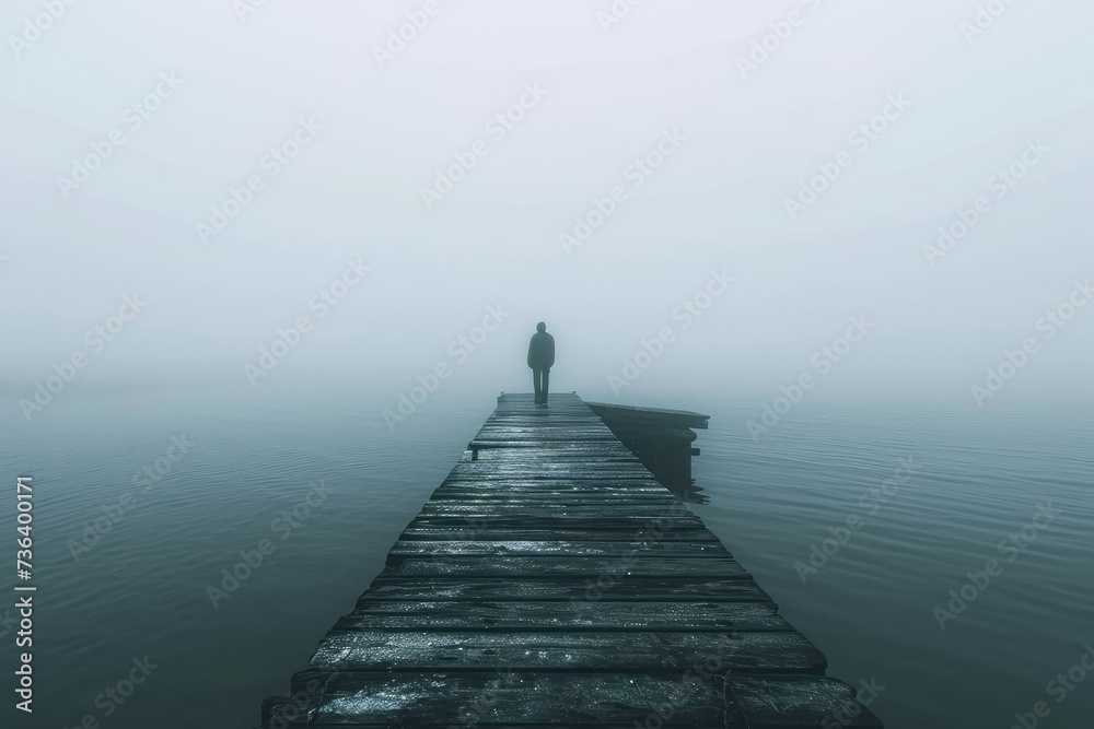 Obraz premium A person stands alone on a wooden dock in the center of a wide lake with calm water, An eerie apparition standing at the end of a foggy pier, AI Generated
