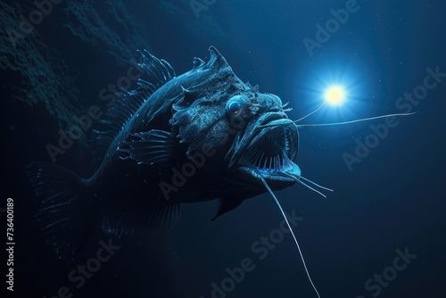 A fish with its mouth open wide underwater, An eerie deep-sea Anglerfish using its bio-luminescent lure to attract prey, AI Generated