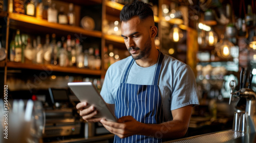 focused bearded man in a blue striped apron using a tablet in a bar setting