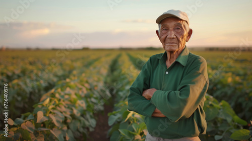 senior male farmer with a white cap and green shirt standing in a field with his arms crossed.