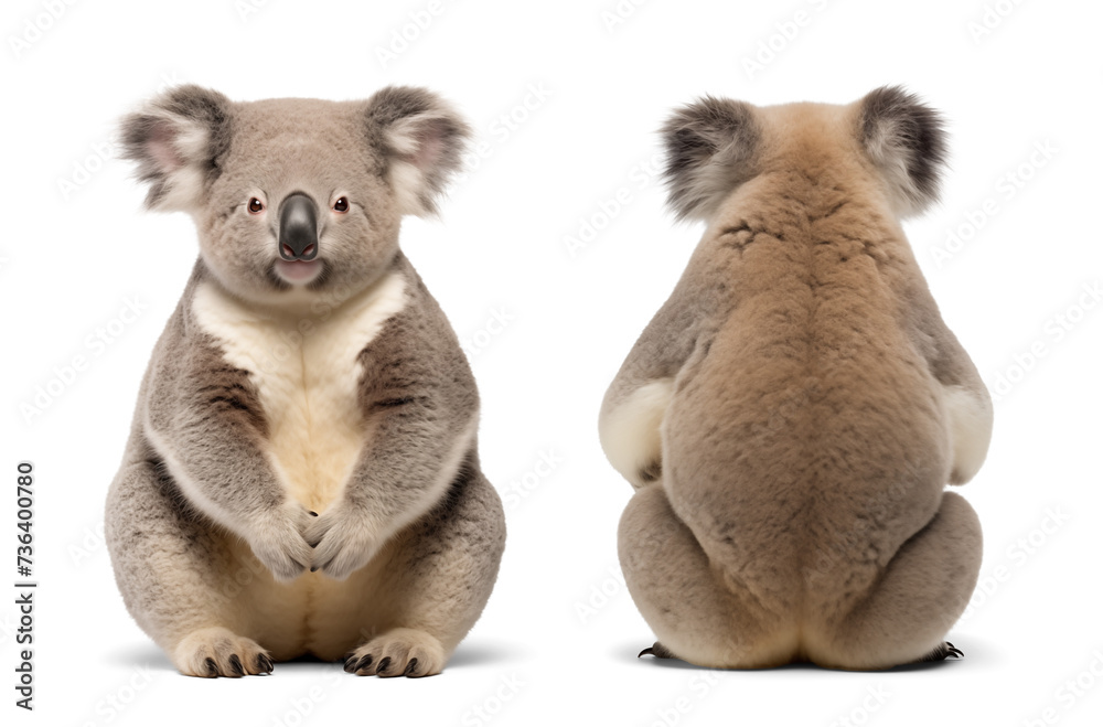 Koala view from the front and back on isolated background Koala view from the front and back on isolated background