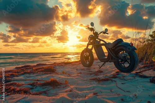 A motorcycle is parked on the sandy beach, with the vast ocean serving as a majestic backdrop, An electric motorbike parked near a beach at sunset, AI Generated