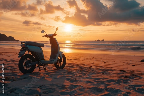 A scooter is parked on the sandy beach as the sun sets over the horizon, casting a warm golden light, An electric motorbike parked near a beach at sunset, AI Generated