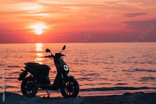 A scooter parked on the sandy beach as the sun sets in the background, casting a warm, orange glow, An electric motorbike parked near a beach at sunset, AI Generated © Iftikhar alam