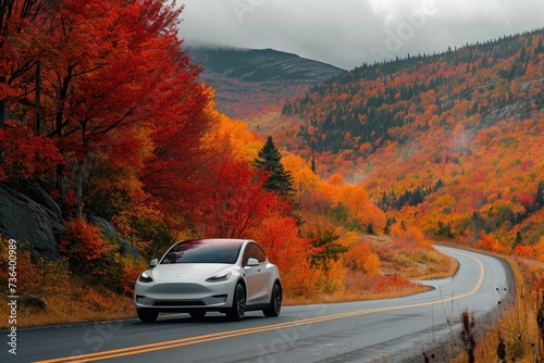 Fototapeta Naklejka Na Ścianę i Meble -  A car drives down a road surrounded by a canopy of trees, blending into the natural landscape, An electric vehicle cruising on a mountain road with fall foliage, AI Generated