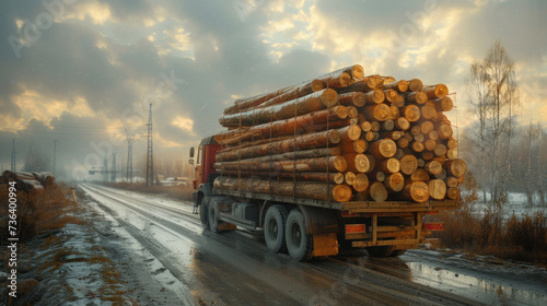 A trailer truck carrying wooden logs, Stack of wooden logs in big trailer vehicle.