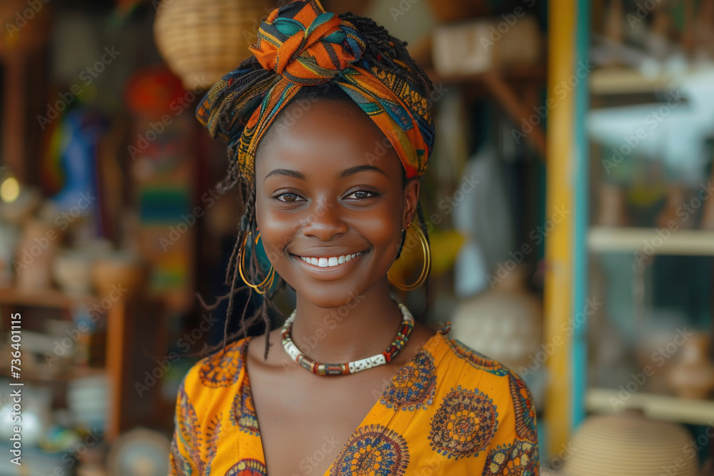 African seller retail home office shop. Small SME owner young adult woman Gen Z people happy smile pride look at camera