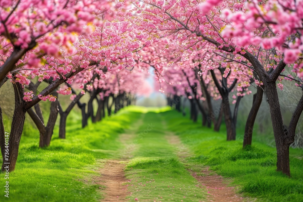 Serene Dirt Road Surrounded by Trees With Pink Flowers, An elegant alley of plum trees in full bloom within a pristine park, AI Generated Serene Dirt Road Surrounded by Trees With Pink Flowers, An elegant alley of plum trees in full bloom within a pristine park, AI Generated