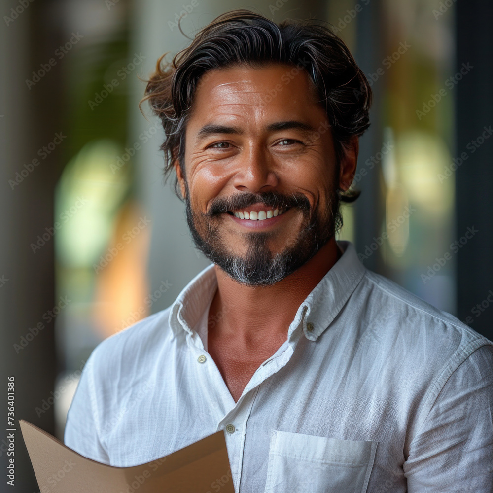 Attractive Latino businessman holding documents in his hands with a happy smile and a bearded head. Attractive Latino businessman holding documents in his hands with a happy smile and a bearded head.