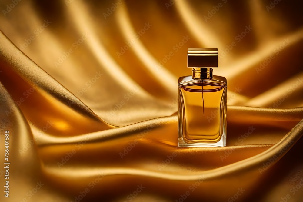 golden luxury perfume flacon on golden silky velvet fabric background golden luxury perfume flacon on golden silky velvet fabric background