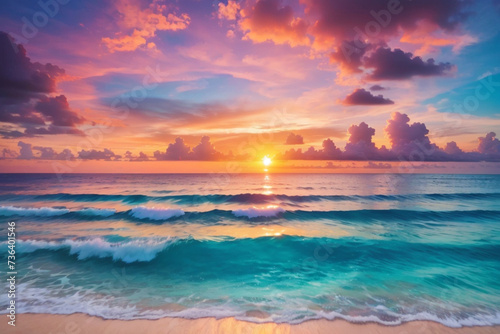 Colorful clouds with sunset and water waves