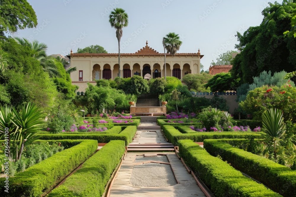A vibrant garden filled with a diverse array of plants, showcasing their natural growth, with a building in the distance, An elegant royal palace surrounded by lush gardens, AI Generated