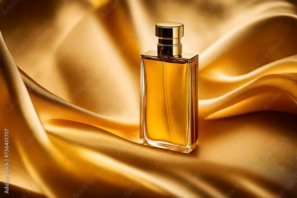 golden luxury perfume flacon on rippled golden silky velvet fabric background golden luxury perfume flacon on rippled golden silky velvet fabric background