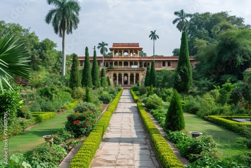 A garden abundant with a variety of green plants and trees, creating a vibrant and refreshing atmosphere, An elegant royal palace surrounded by lush gardens, AI Generated © Iftikhar alam