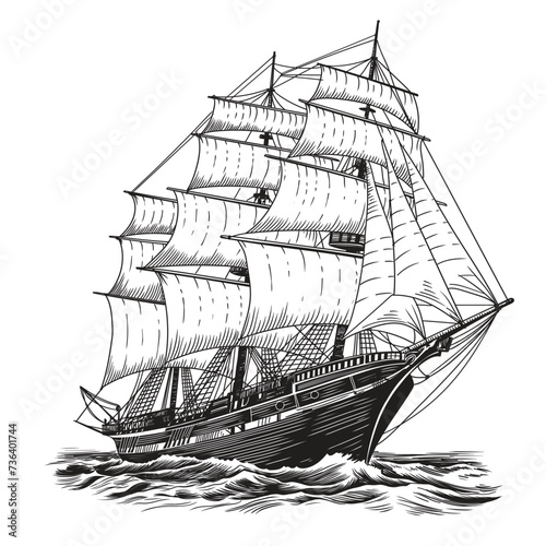 An old sailing ship on the sea waves. Vector drawing isolated on white background.