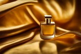 golden luxury perfume flacon on  wavy golden silky velvet fabric background