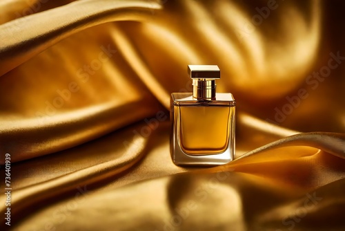 golden luxury perfume flacon on wavy golden silky velvet fabric background