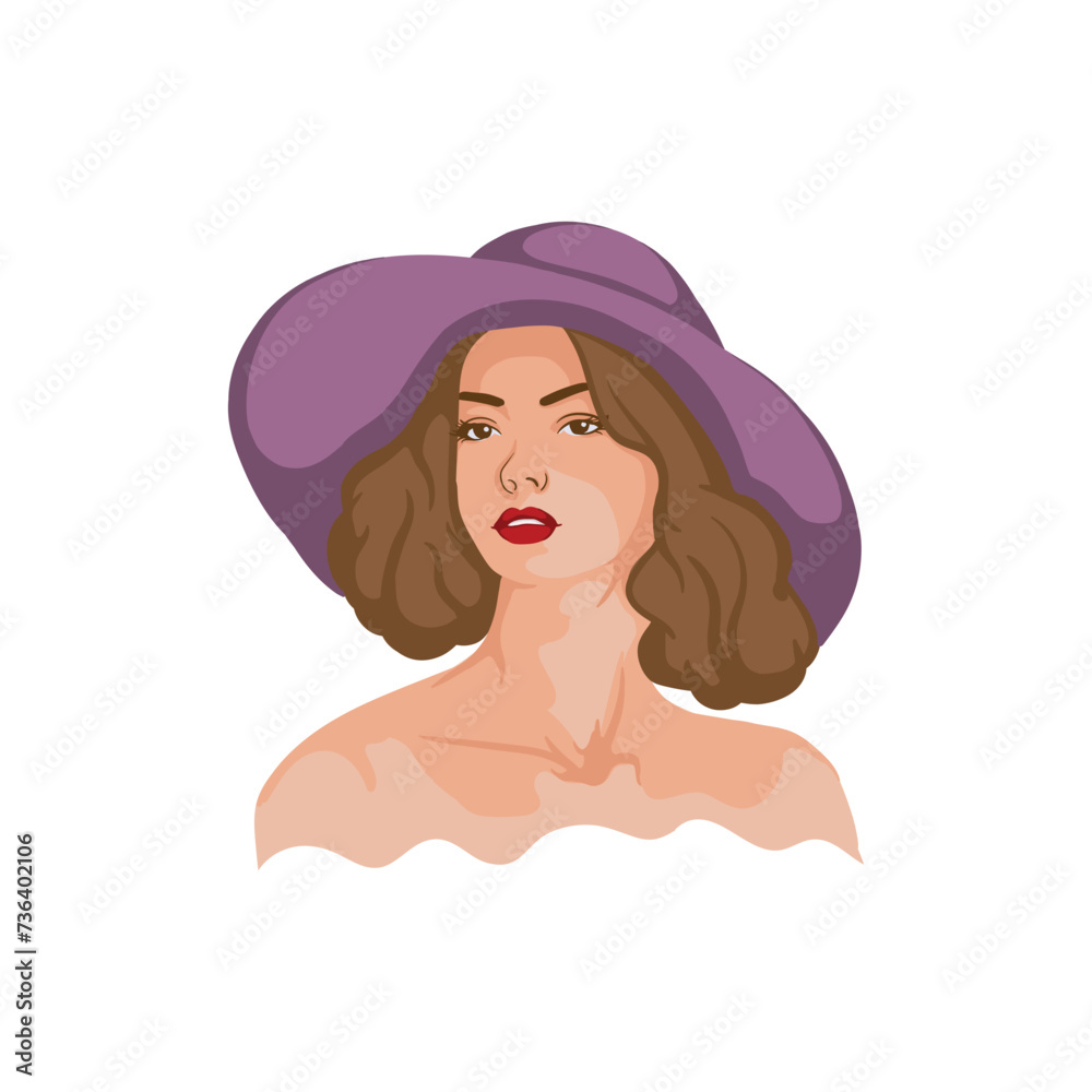 Portrait of a beautiful fashionable young woman with bare shoulders wearing a hat.