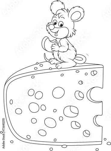 Funny little mouse at breakfast nibbling a big piece of very tasty cheese in a pantry, black and white vector cartoon for a coloring book