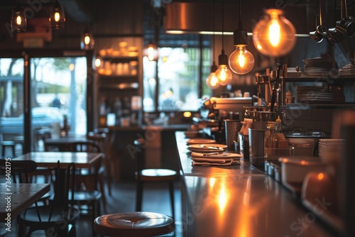 A dimly lit restaurant filled with numerous tables and chairs, providing ample seating for guests, An empty restaurant kitchen glistening under soft, warm lighting, AI Generated photo