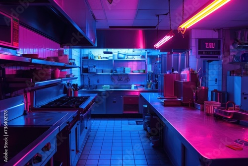 A kitchen filled with bright purple lights casting a colorful glow on the counters, appliances, and cabinets, An empty restaurant kitchen illuminated by neon lights, AI Generated