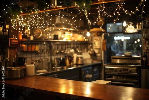 Brightly Lit Kitchen With Numerous Hanging Lights, An empty restaurant kitchen touched by the magic of fairy lights, AI Generated