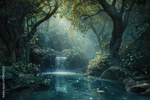 A stunning painting capturing the beauty of a roaring waterfall amidst a dense forest, showcasing natures power and splendor, An enchanted forest with a magical water spring, AI Generated