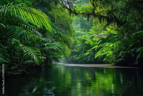 A stunning image capturing the powerful flow of a river as it winds its way through a lush and vibrant green forest  An enchanting river passage through a dense rainforest  AI Generated