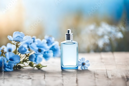 classy cologne flacon on beige and blue  floral background , delicate and soft cosmetics 