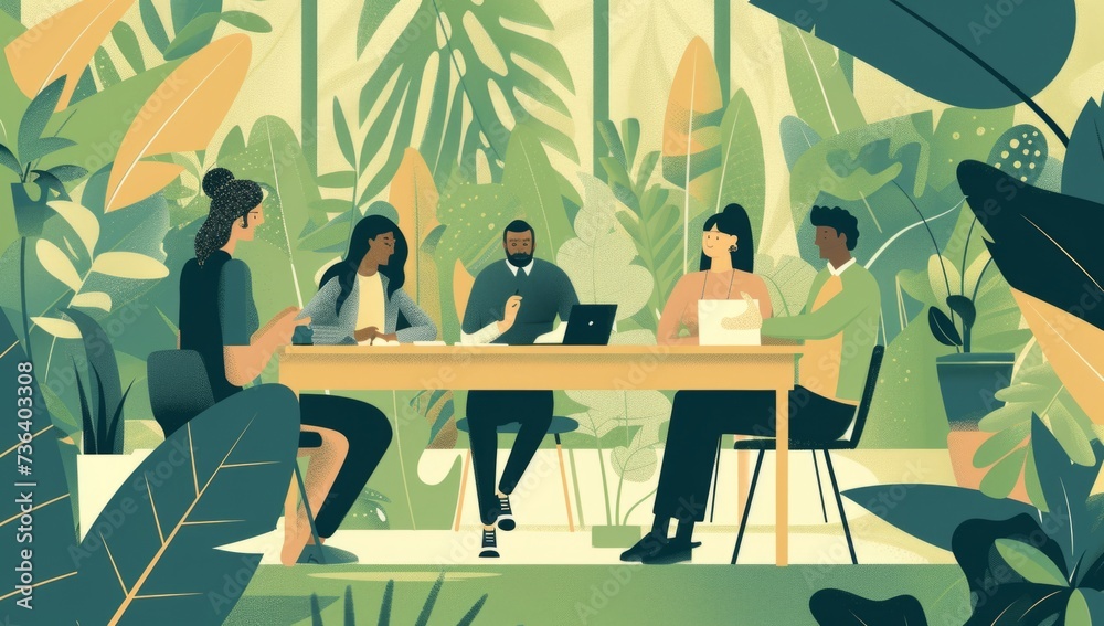 group of cartoon people working together on a large wooden table Generative AI group of cartoon people working together on a large wooden table Generative AI