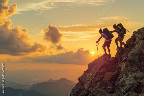 A determined group of climbers ascend a challenging mountainside, showcasing their skills and teamwork, An encouraging hiker helping his buddy ascend a steep mountain, AI Generated