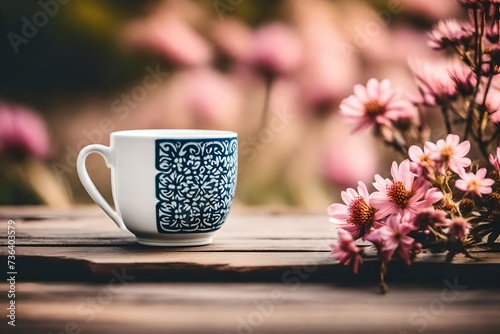 elegant white and blue ceramic tea cup in a magnificient pink floral background , artistic blur