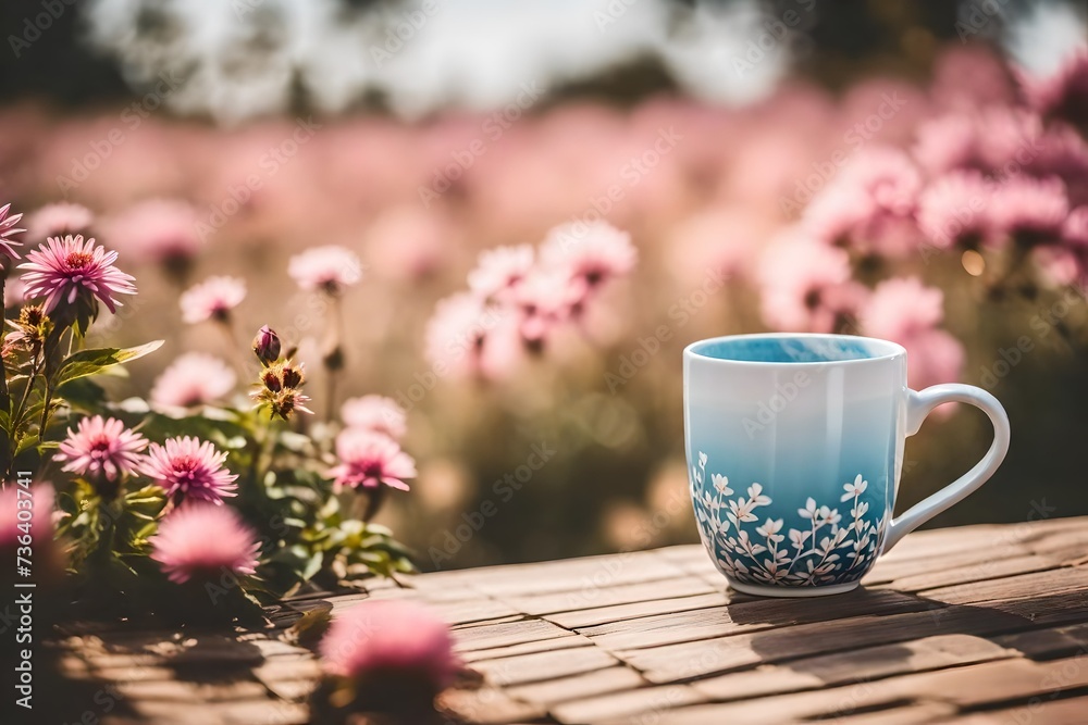 elegant white and blue ceramic tea cup in a magnificient pink floral background ,morning light elegant white and blue ceramic tea cup in a magnificient pink floral background ,morning light