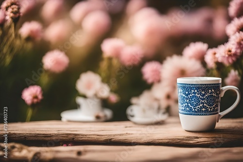 elegant white and blue ceramic tea cup in a magnificient pink floral background , artistic blur photo