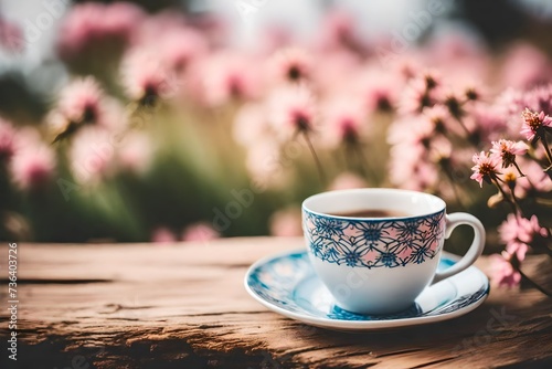 elegant white and blue ceramic tea cup in a magnificient pink floral background , artistic blur photo