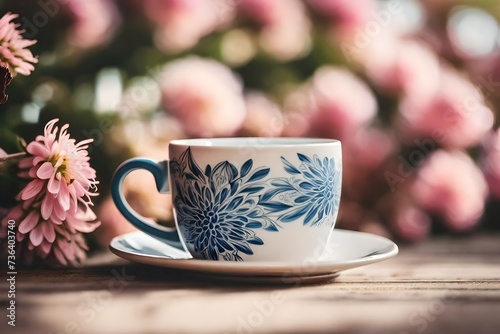 elegant white and blue ceramic tea cup in a magnificient pink floral background ,morning light