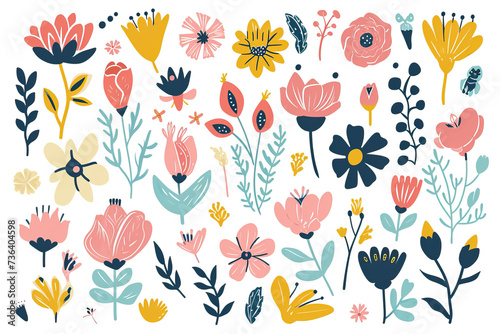Blue and pink set of flowers in Scandinavian nordic style, spring motive, seamless pattern on white