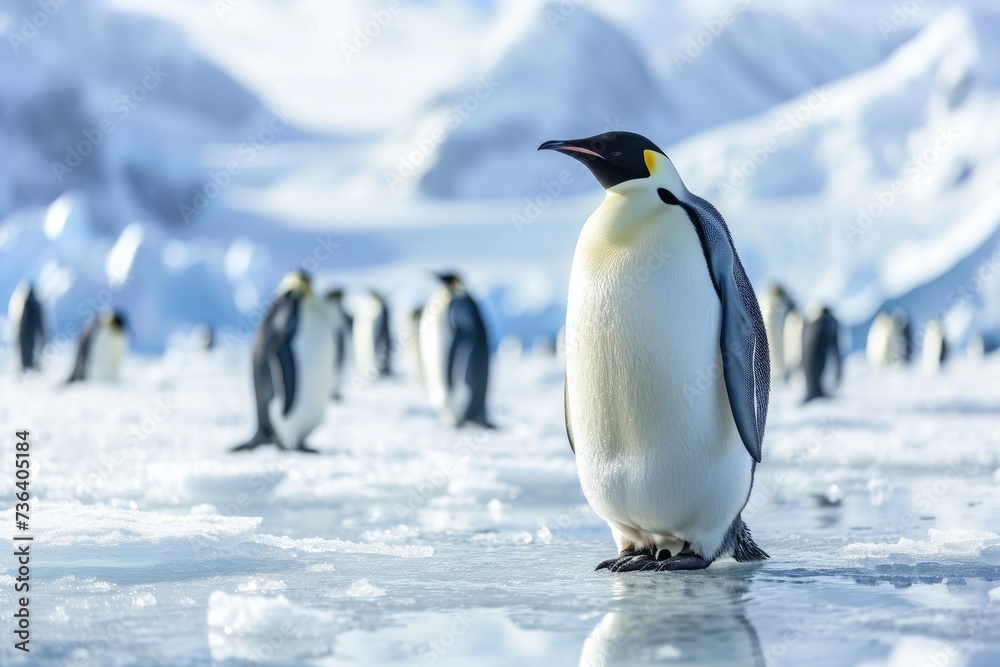 Obraz premium A group of Emperor penguins standing together on top of a vast expanse of ice in their natural habitat, An icy Antarctic landscape with emperor penguins, AI Generated