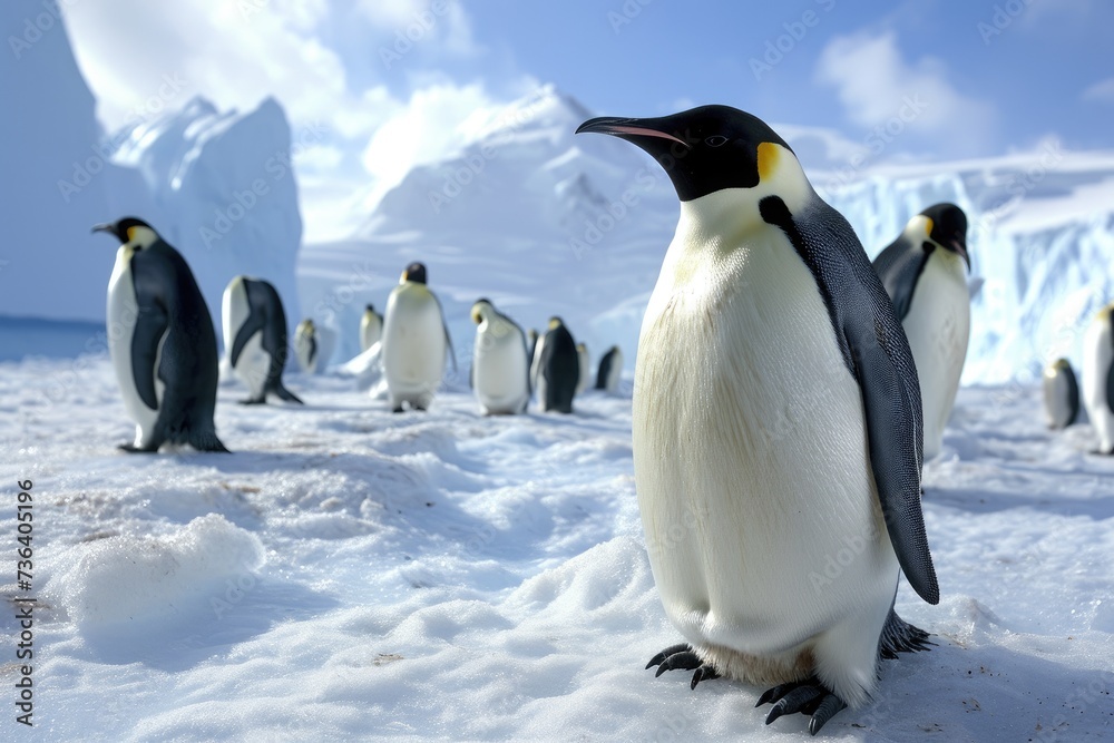 Obraz premium A large group of Emperor Penguins standing upright in the snow, their black and white feathers contrasting against the white landscape, An icy Antarctic landscape with emperor penguins, AI Generated